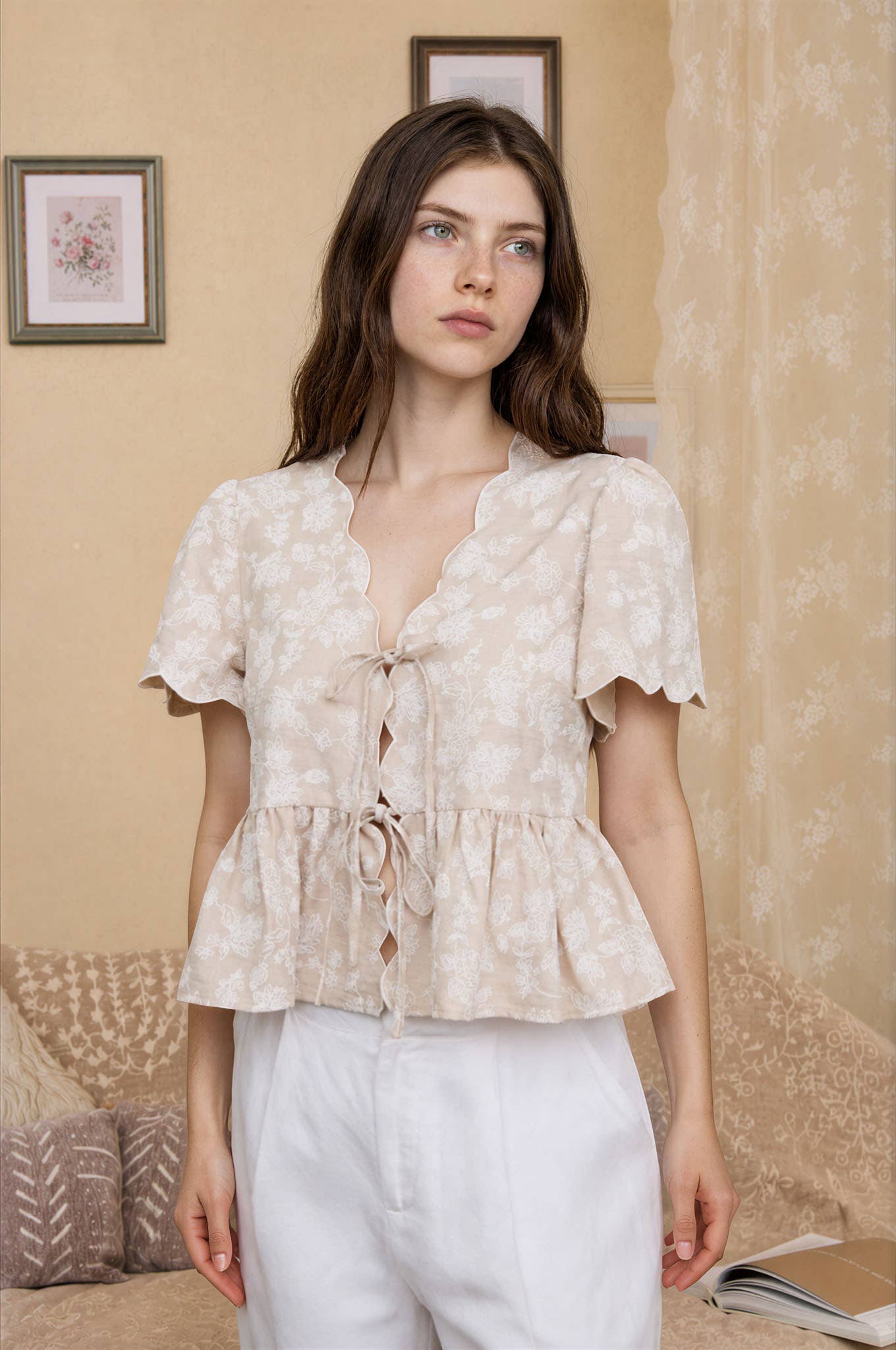 Front Tie Scalloped Peplum Top